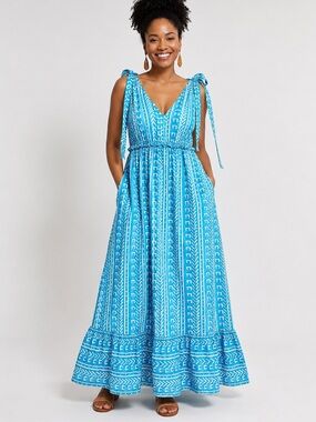 D’IYANU Blue Cream African Print Cotton Maxi Dress L Tie Shoulder Pockets